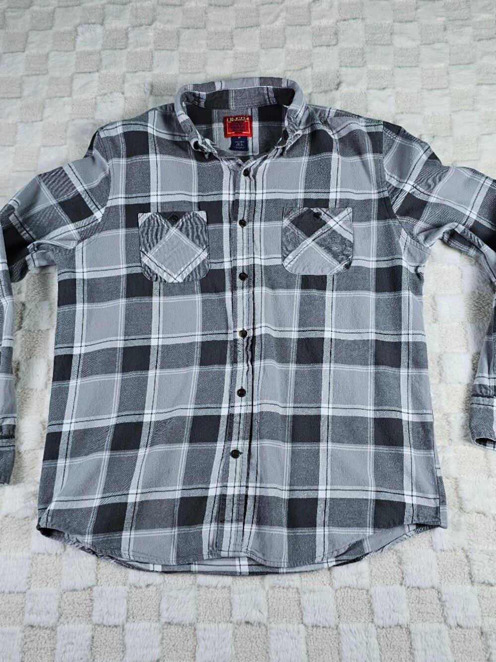Big Mac Flannel Shirt Mens Medium M Gray Black Plaid Cotton Long Sleeve Workwear